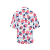 Strawberry pattern blue lines background Women's All Over Print Hawaiian Shirt