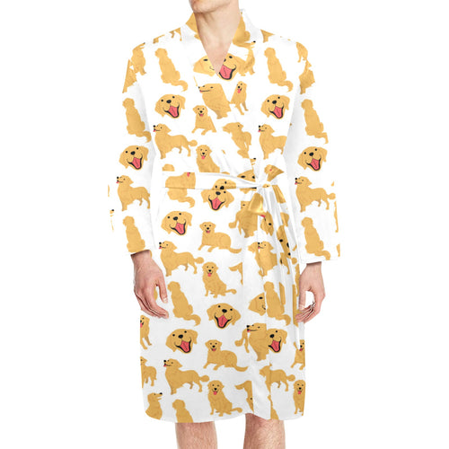 Golden Retriever Pattern Print Design 05 Men's Long Sleeve Belted Night Robe