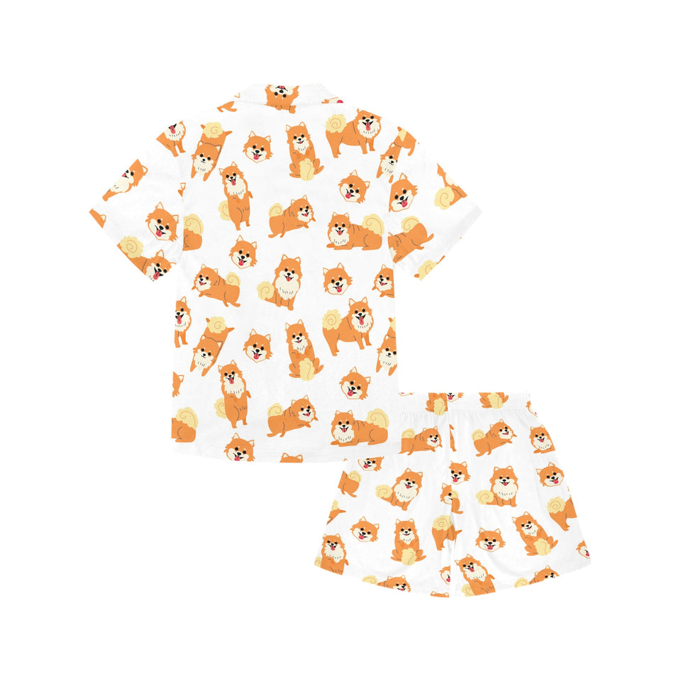 Brown pomeranian pattern Kids' Boys' Girls' V-Neck Short Pajama Set