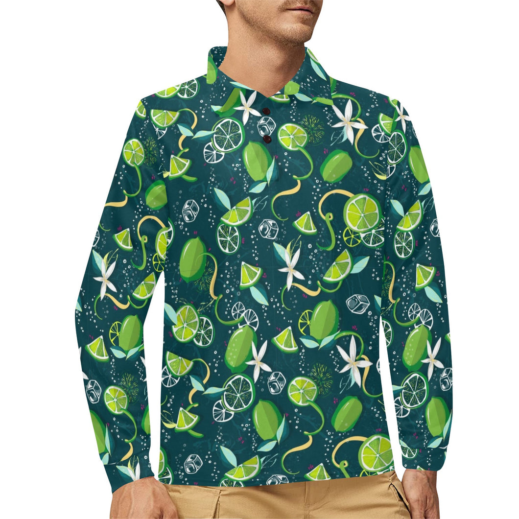 Lime ice flower pattern Men's Long Sleeve Polo Shirt