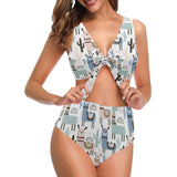 lama Alpaca cactus hand drawn pattern Chest Bowknot High Waisted Bikini Swimsuit