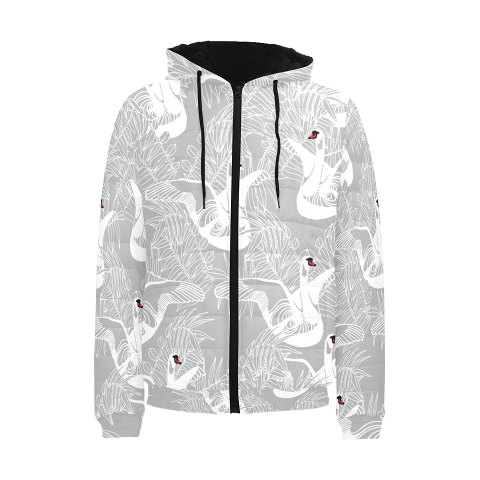 white swan gray background Men's Padded Hooded Jacket