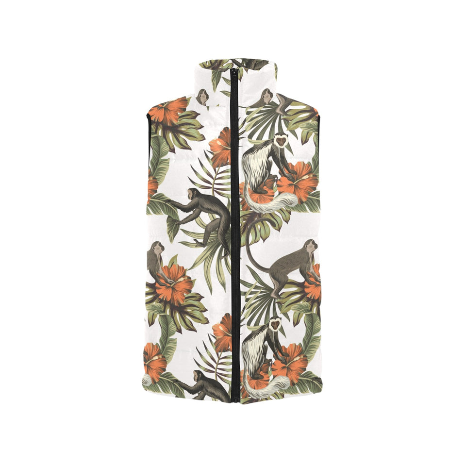Monkey red hibiscus flower palm leaves floral patt Women's Padded Vest