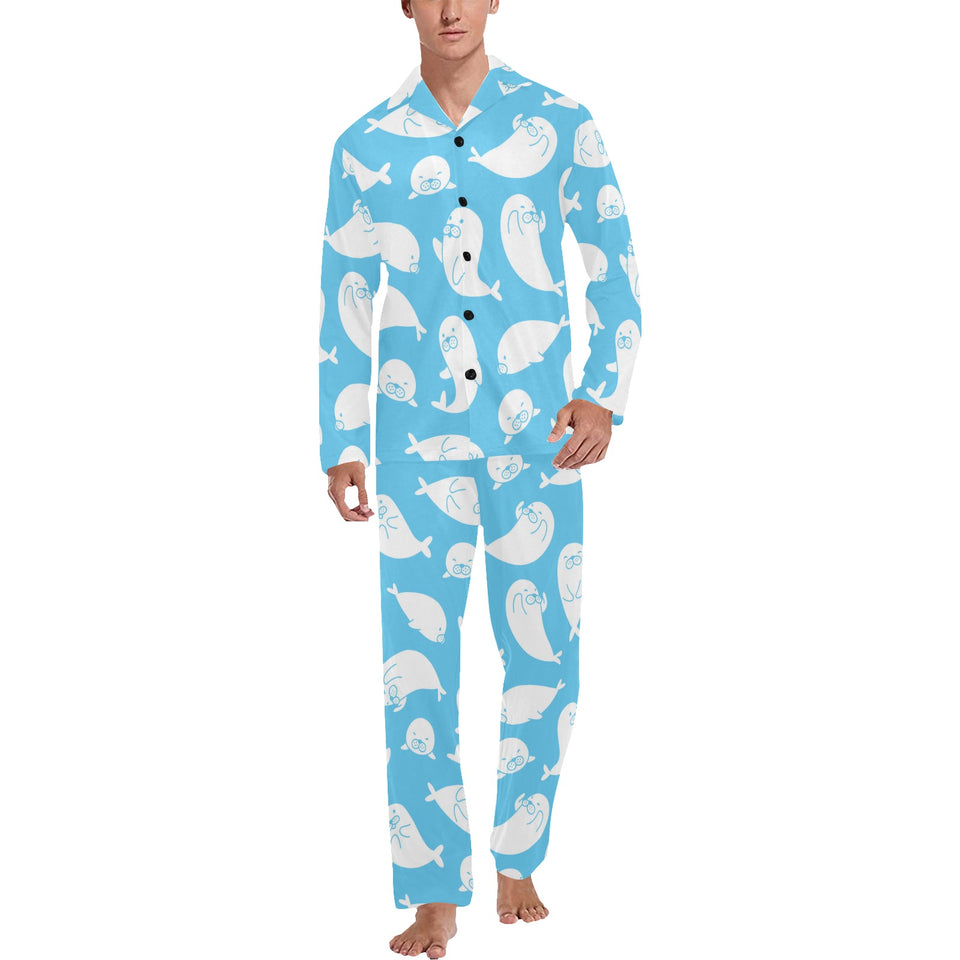Cute white sea lion seals pattern Men's Long Pajama Set