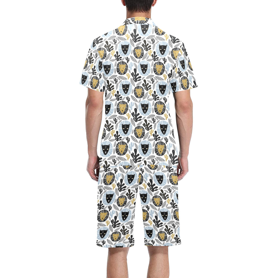 Lion Pattern Print Design 05 Men's V-Neck Short Pajama Set