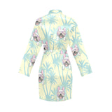 French bulldog hawaii blackground Women's Long Sleeve Belted Night Robe