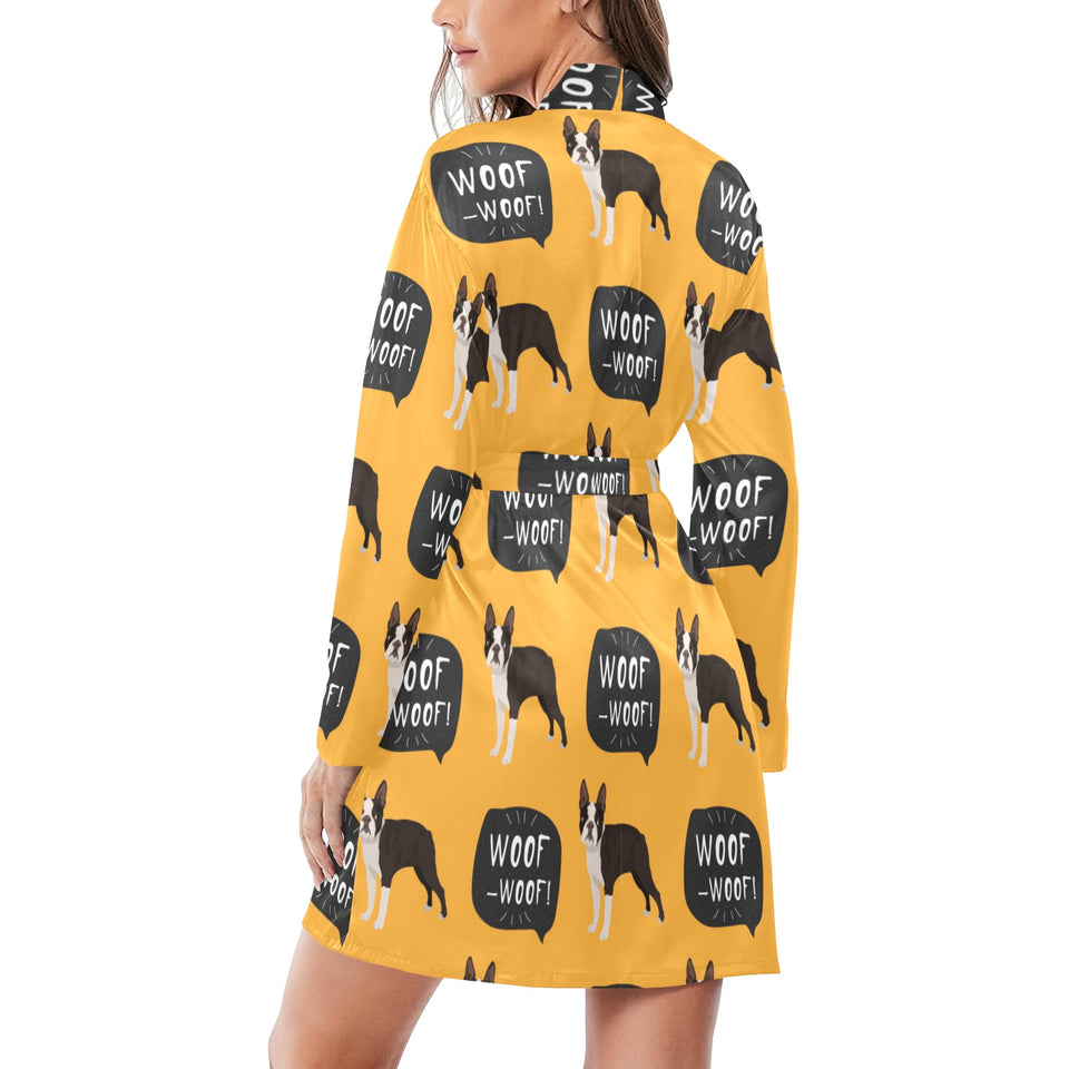 Boston terrier design pattern Women's Long Sleeve Belted Night Robe