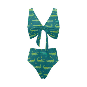 Crocodile pattern Chest Bowknot High Waisted Bikini Swimsuit