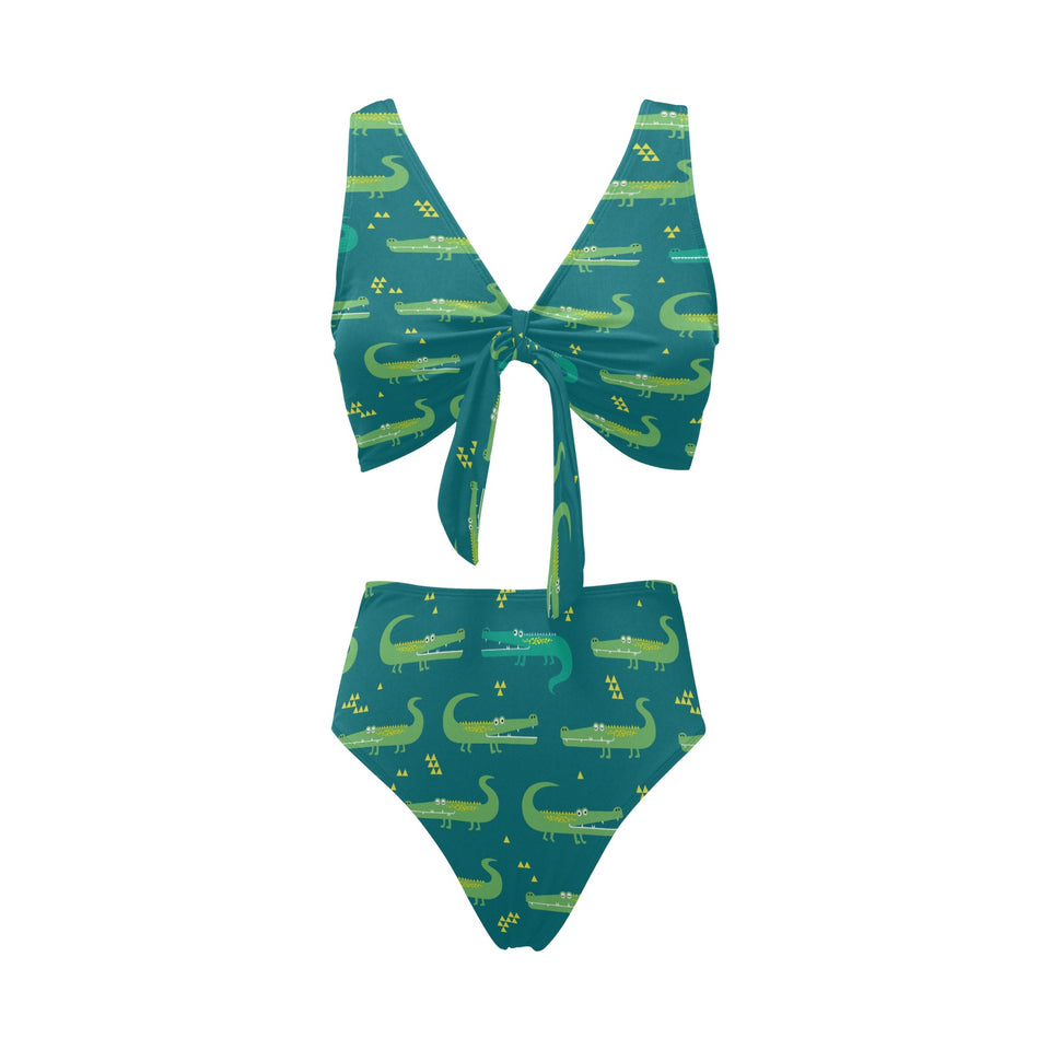Crocodile pattern Chest Bowknot High Waisted Bikini Swimsuit