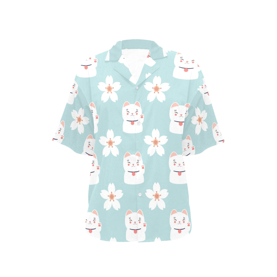 Maneki neko cat sakura Women's All Over Print Hawaiian Shirt