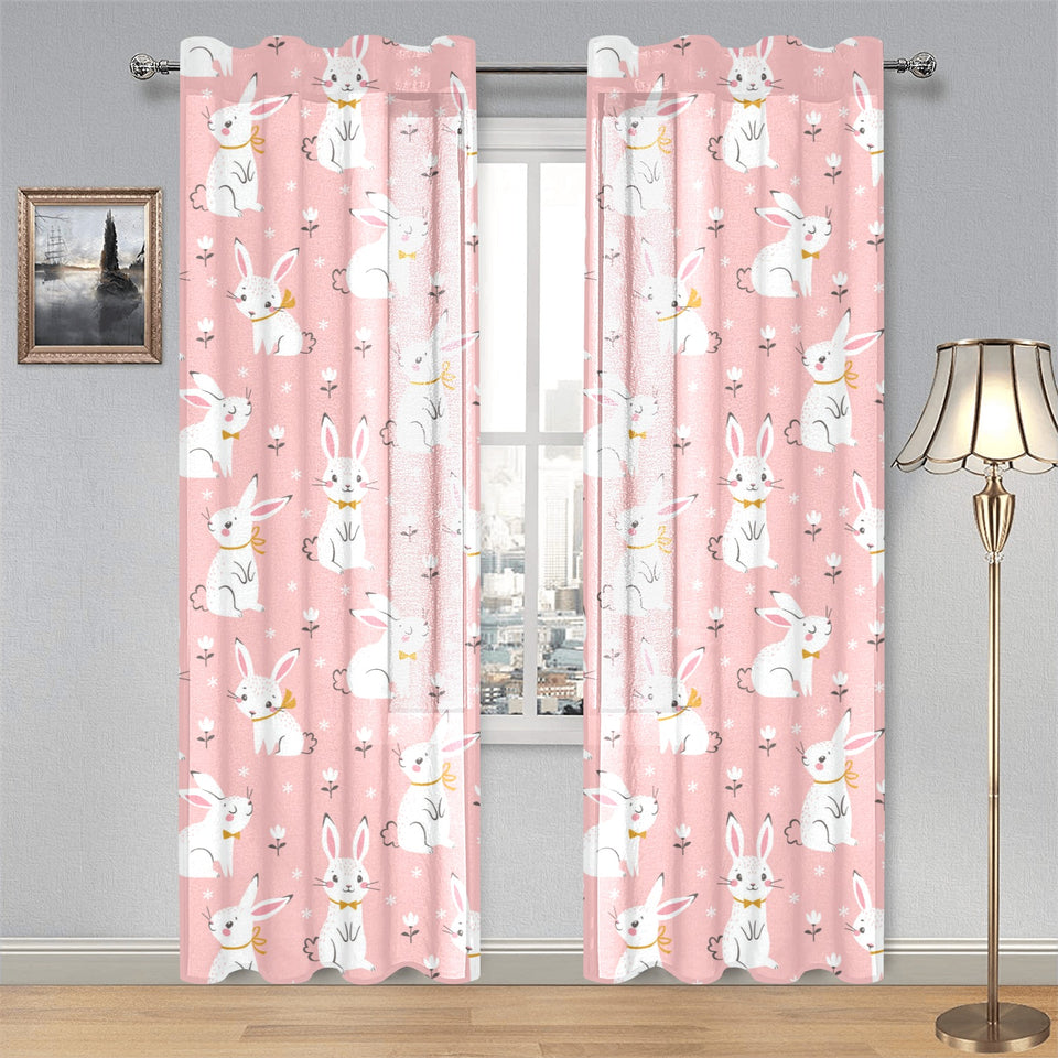 Cute white rabbit flower pink background Gauze Curtain
