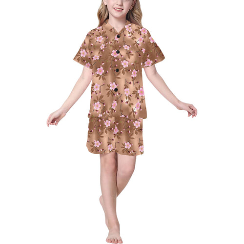 Pink sakura cherry blossom drak brown background Kids' Boys' Girls' V-Neck Short Pajama Set