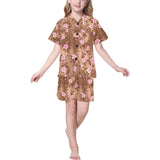 Pink sakura cherry blossom drak brown background Kids' Boys' Girls' V-Neck Short Pajama Set