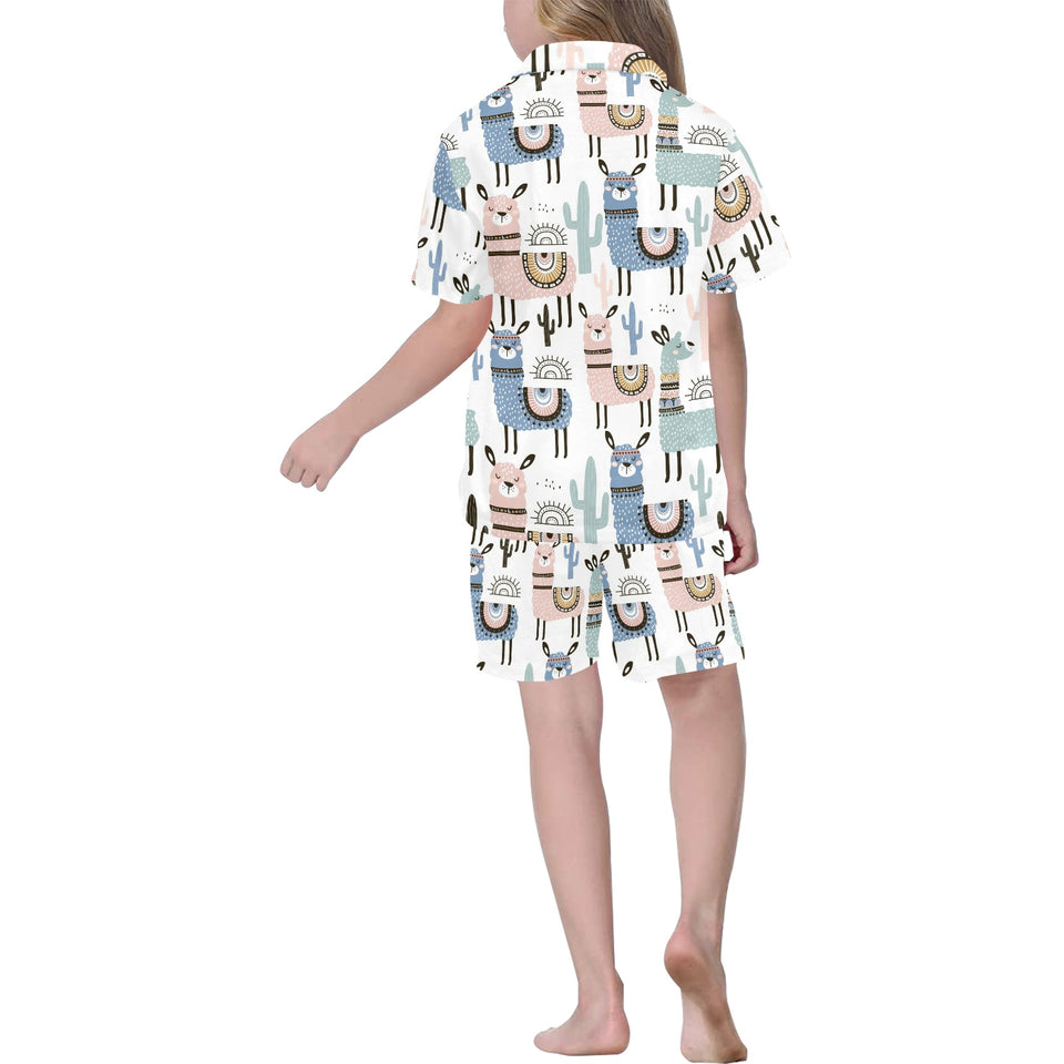 lama Alpaca cactus hand drawn pattern Kids' Boys' Girls' V-Neck Short Pajama Set