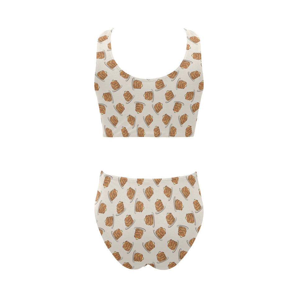 Pancake Pattern Print Design 01 Chest Bowknot High Waisted Bikini Swimsuit