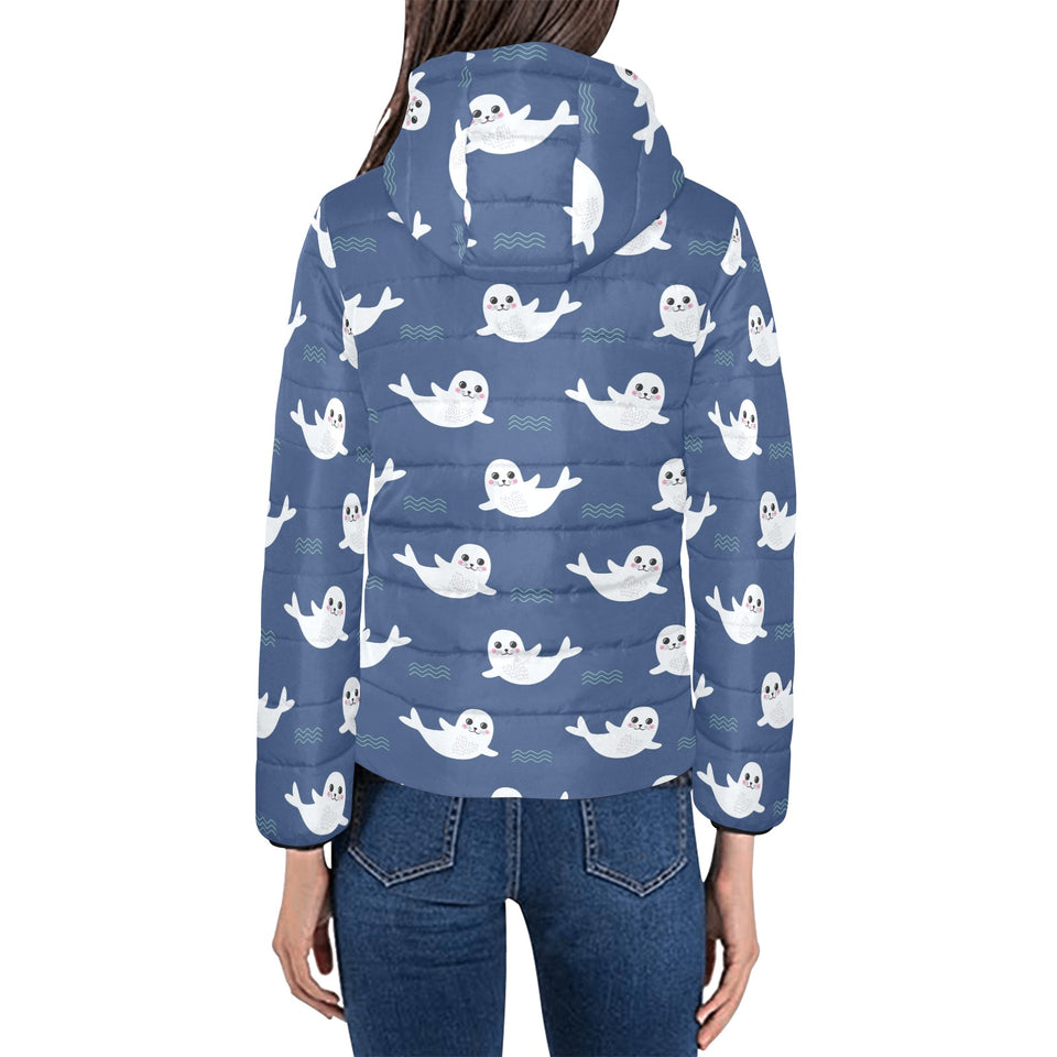 Cute white baby sea lion seal pattern Women's Padded Hooded Jacket