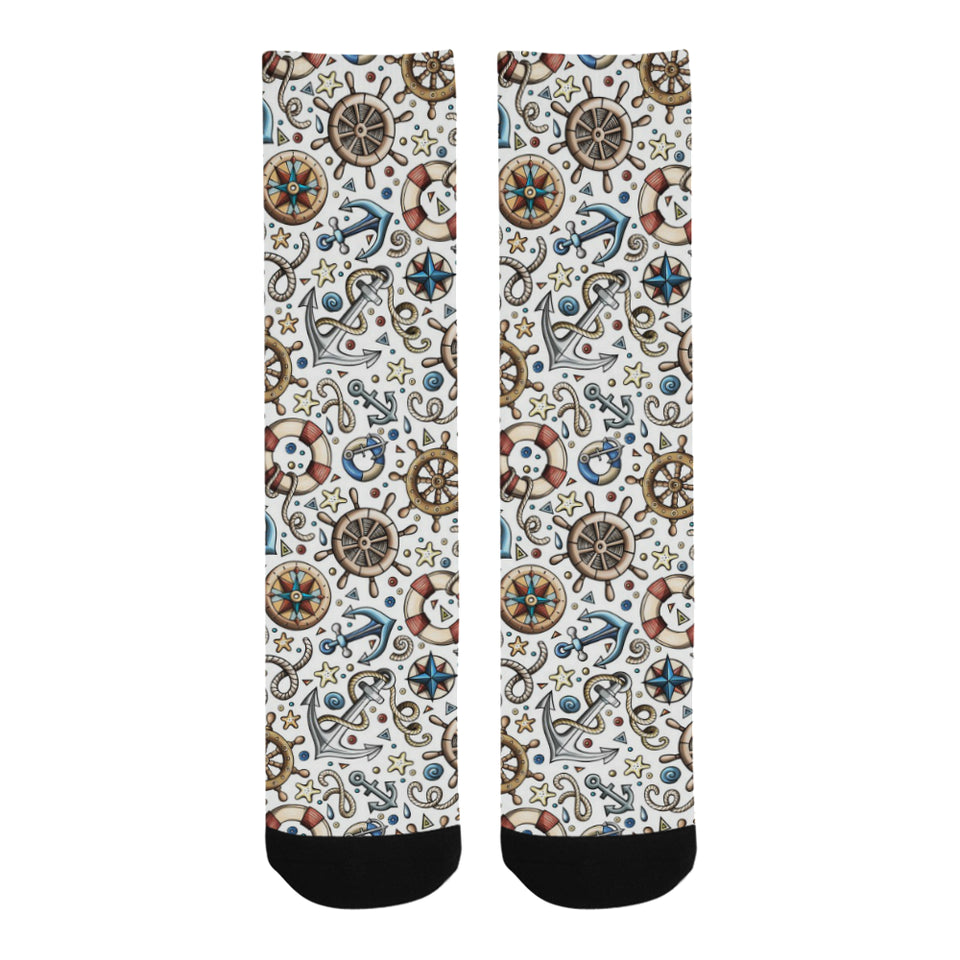 Cute nautical steering wheel anchor pattern Crew Socks
