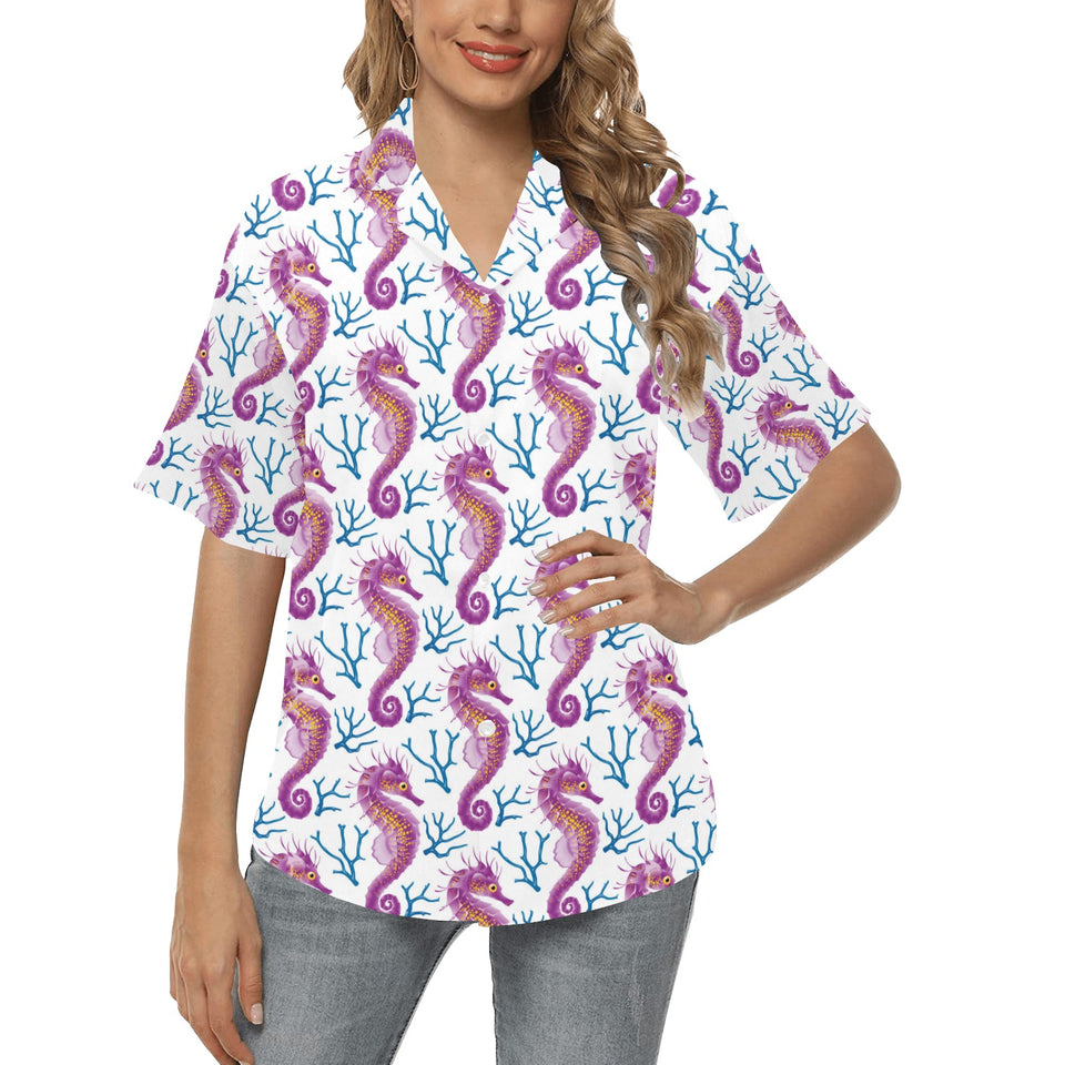 Purple seahorse blue coral pattern Women's All Over Print Hawaiian Shirt