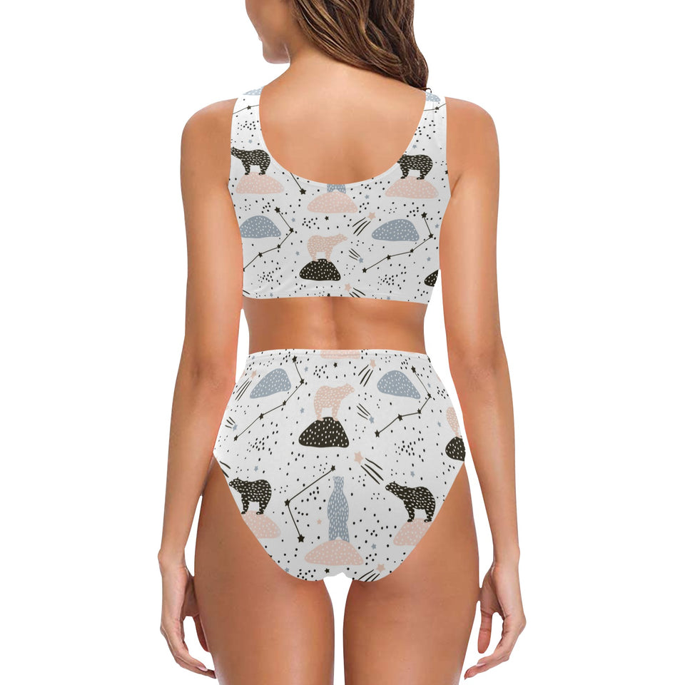 Polar bears star poka dot pattern Chest Bowknot High Waisted Bikini Swimsuit