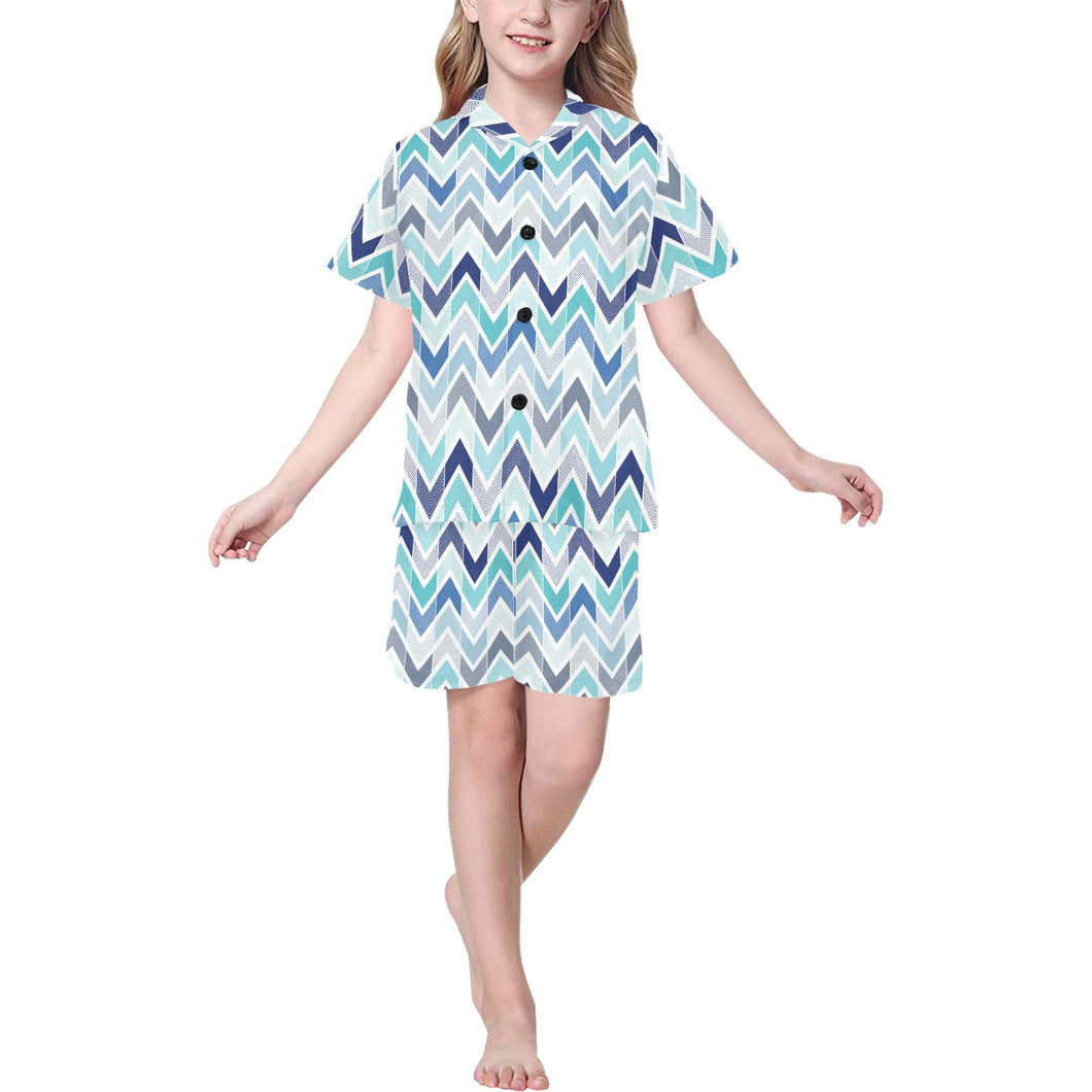 zigzag  chevron blue pattern Kids' Boys' Girls' V-Neck Short Pajama Set