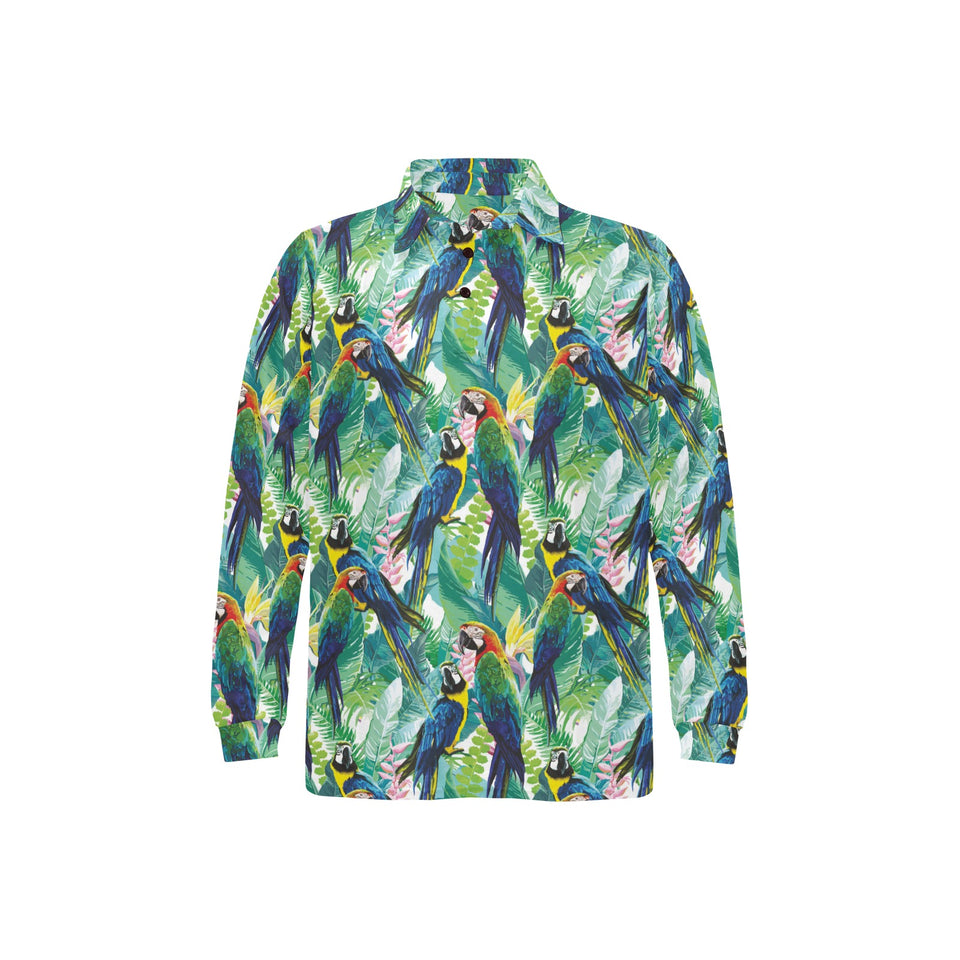 Colorful parrot exotic flower leaves Men's Long Sleeve Polo Shirt