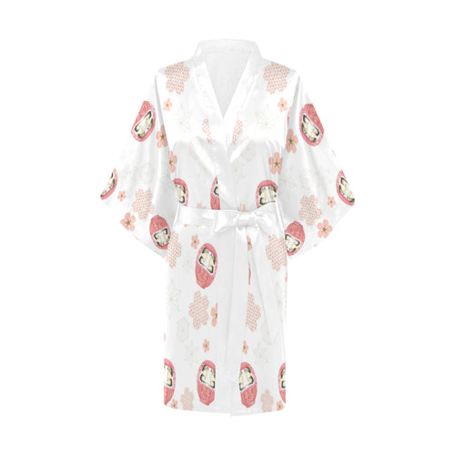 Daruma japanese wooden doll cherry blossom flower Women's Short Kimono Robe