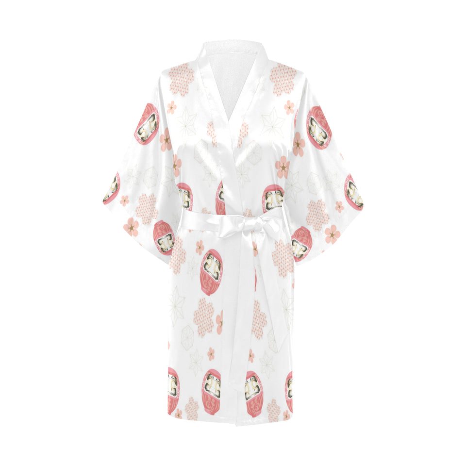 Daruma japanese wooden doll cherry blossom flower Women's Short Kimono Robe