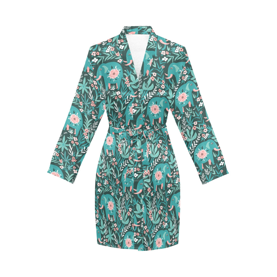 Elephants jungle pattern Women's Long Sleeve Belted Night Robe