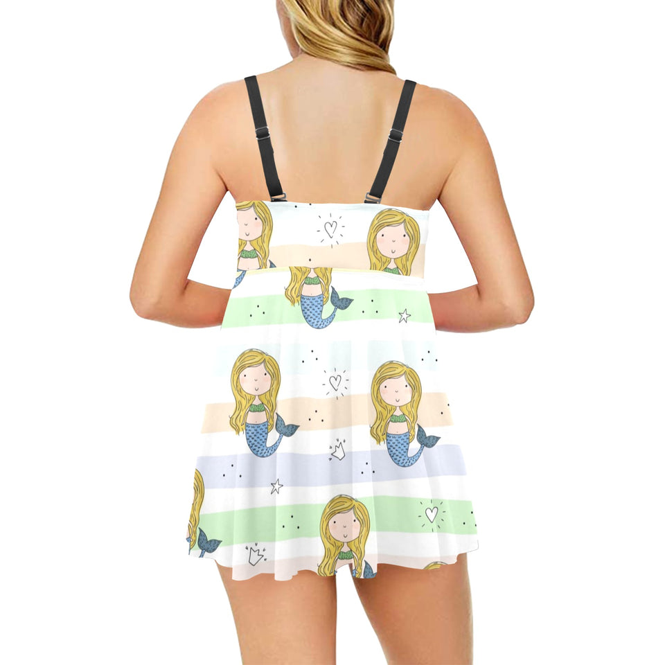 Cute hand drawn mermaid Chest Sexy Pleated Two Piece Swim Dress
