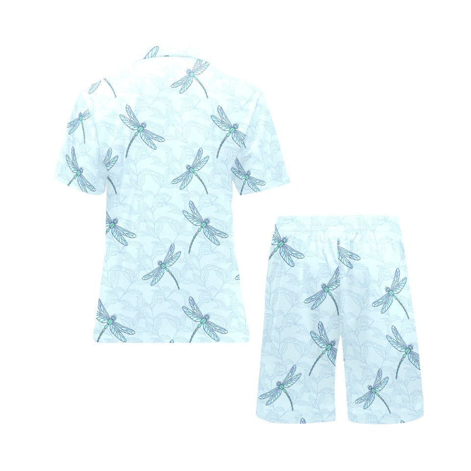 Dragonfly pattern blue background Men's V-Neck Short Pajama Set