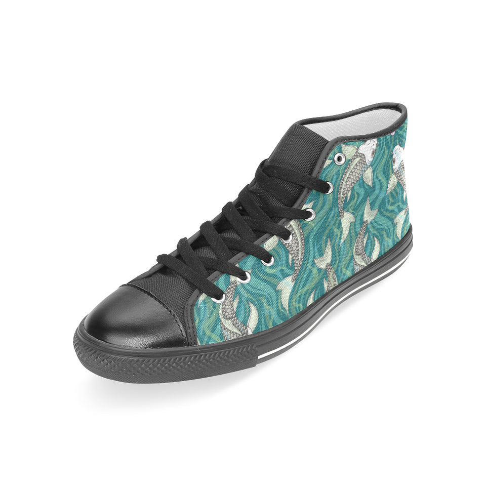 Koi Fish Carp Fish lotus pattern Women's High Top Canvas Shoes Black