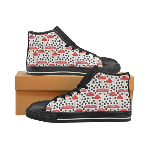 Red mushroom dot pattern Women's High Top Canvas Shoes Black