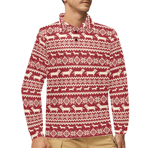 Dachshund Nordic pattern Men's Long Sleeve Polo Shirt