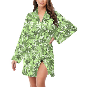 Canabis Marijuana Weed Pattern Print Design 01 Women's Long Sleeve Belted Night Robe