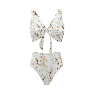Beautiful Japanese cranes pattern Chest Bowknot High Waisted Bikini Swimsuit