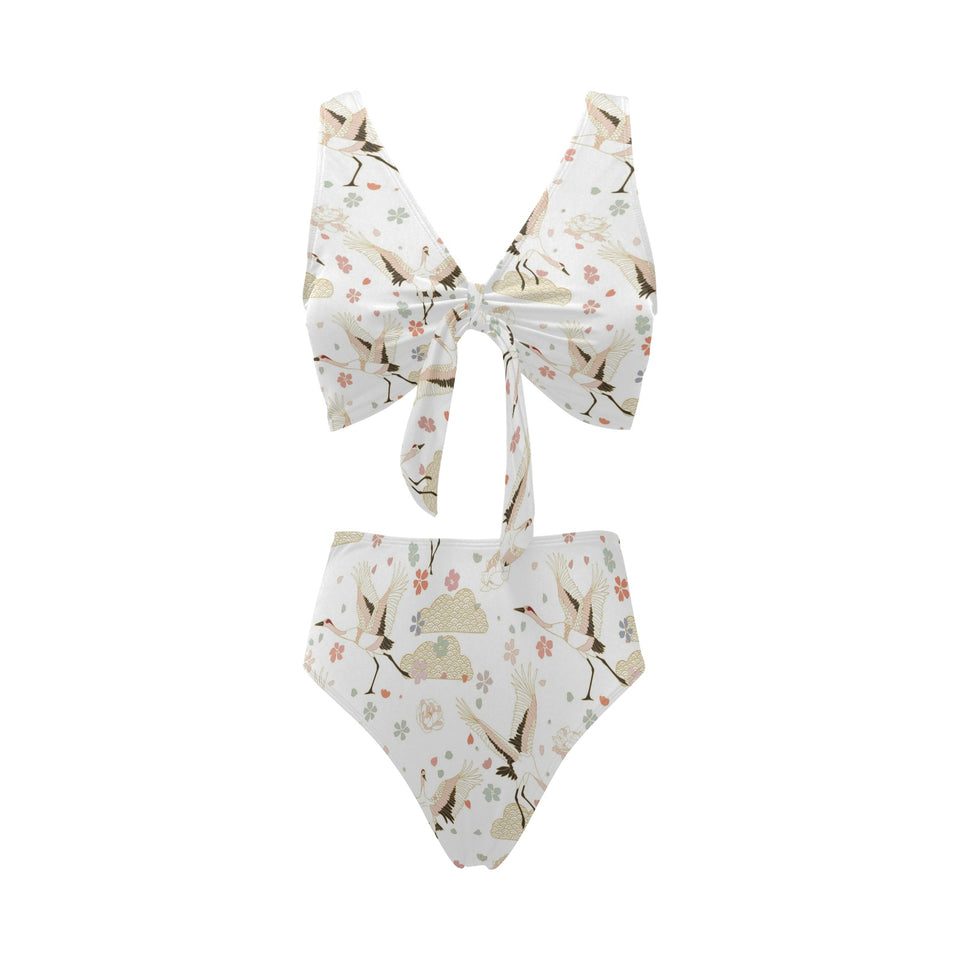 Beautiful Japanese cranes pattern Chest Bowknot High Waisted Bikini Swimsuit