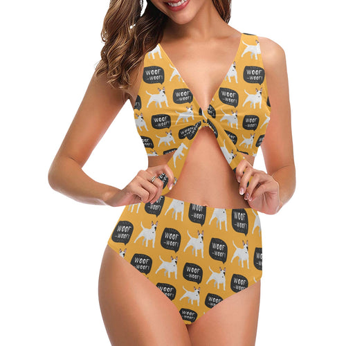 Bull Terrier Pattern Print Design 03 Chest Bowknot High Waisted Bikini Swimsuit