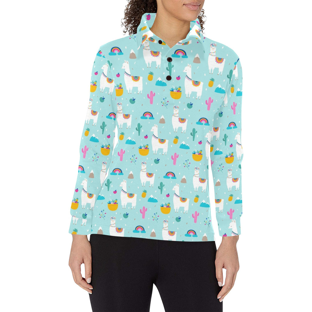 Llama alpaca cactus leaves pattern Women's Long Sleeve Polo Shirt