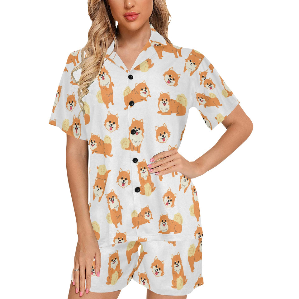 Brown pomeranian pattern Women's V-Neck Short Pajama Set
