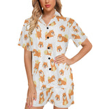 Brown pomeranian pattern Women's V-Neck Short Pajama Set