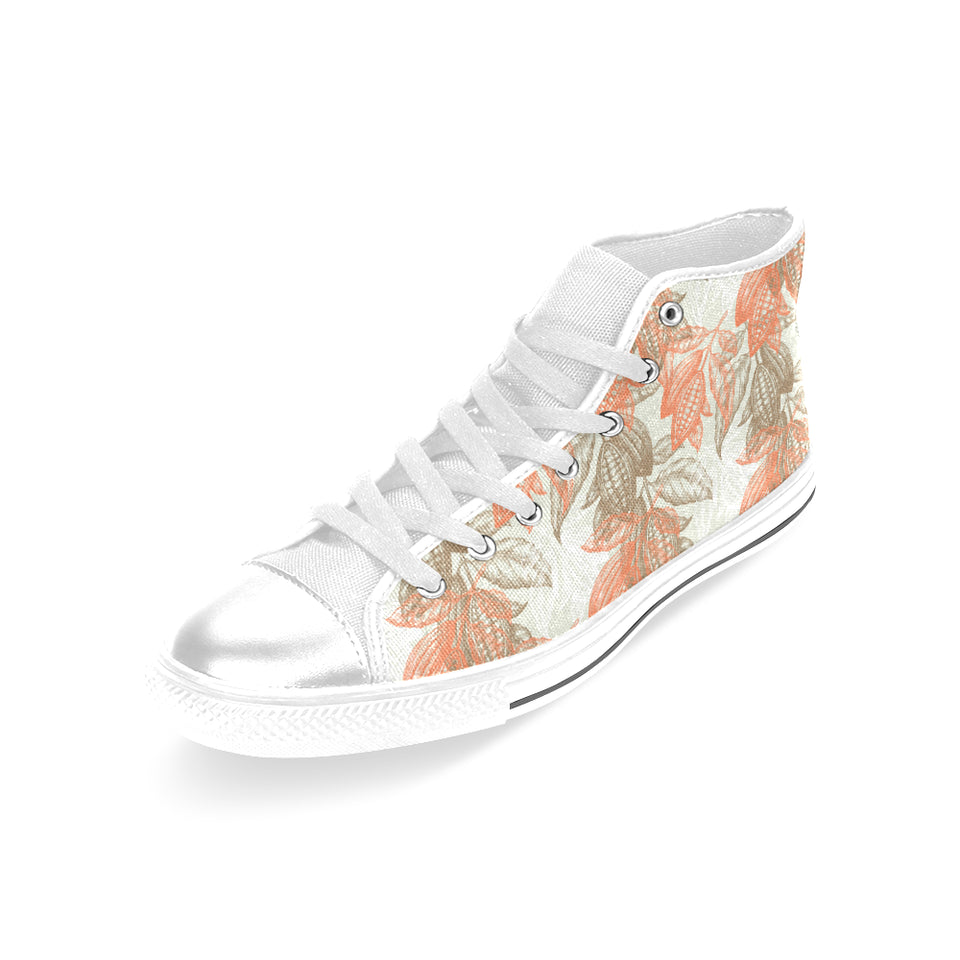 Cocoa beans Cocoa tree pattern Women's High Top Canvas Shoes White