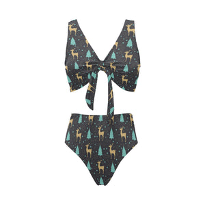 Deers star tree pattern Chest Bowknot High Waisted Bikini Swimsuit