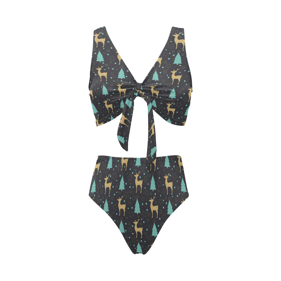 Deers star tree pattern Chest Bowknot High Waisted Bikini Swimsuit