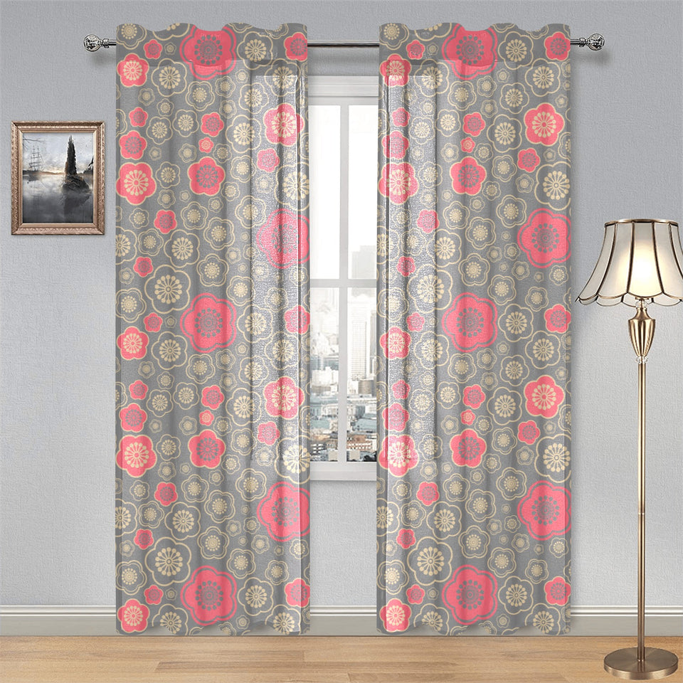 Red gold Sakura cherry blossom gray background Gauze Curtain