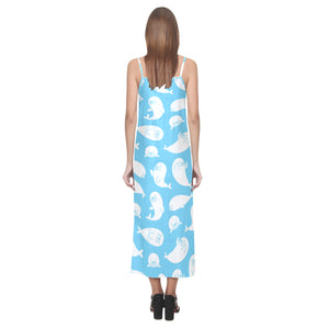 Cute white sea lion seals pattern V-Neck Open Fork Long Dress