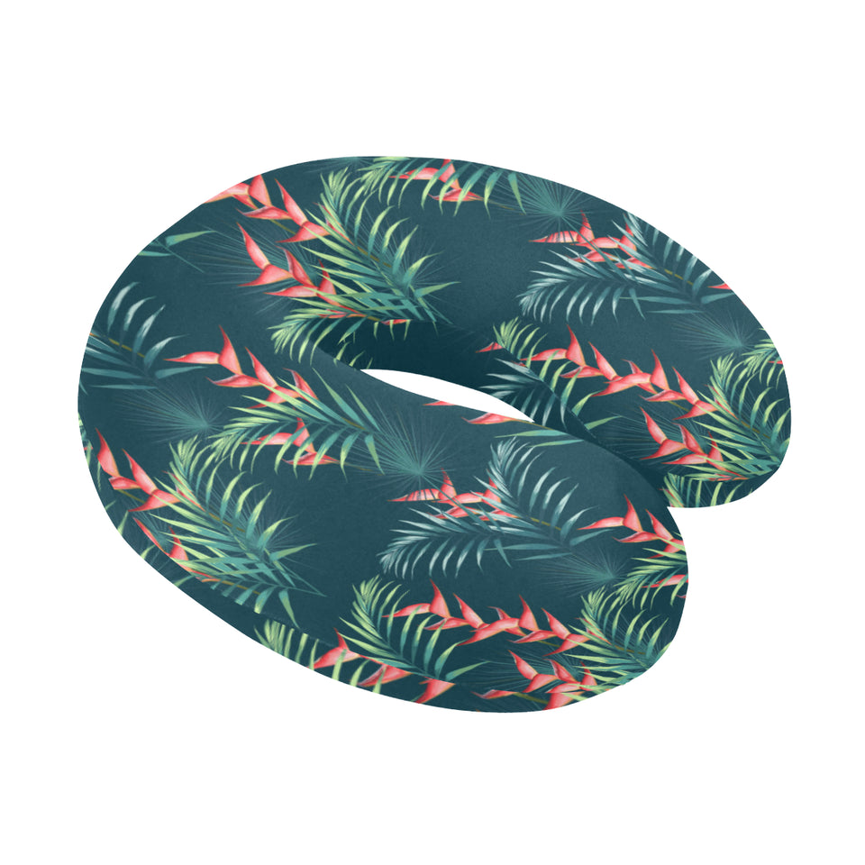 heliconia flowers, palm and monstera leaves on bla U-Shaped Travel Neck Pillow