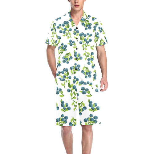 blueberry white background Men's V-Neck Short Pajama Set