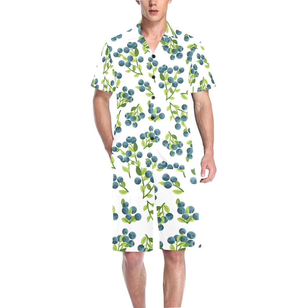 blueberry white background Men's V-Neck Short Pajama Set