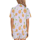 cute onions smiling faces purple background Women's V-Neck Short Pajama Set