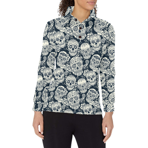 Sugar skull black white pattern Women's Long Sleeve Polo Shirt